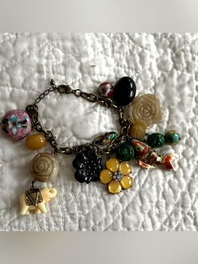 Vintage Asian Cloisonné Charm Bracelet Articulated Koi Fish Carved Stone Roses